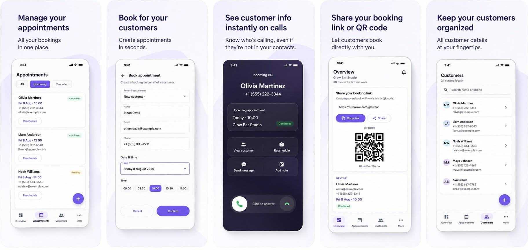 Turnwave Merchant app screenshots showing appointments, walk-in booking, Caller ID on an incoming call with customer name and next appointment, booking link and QR code sharing, and the customer directory